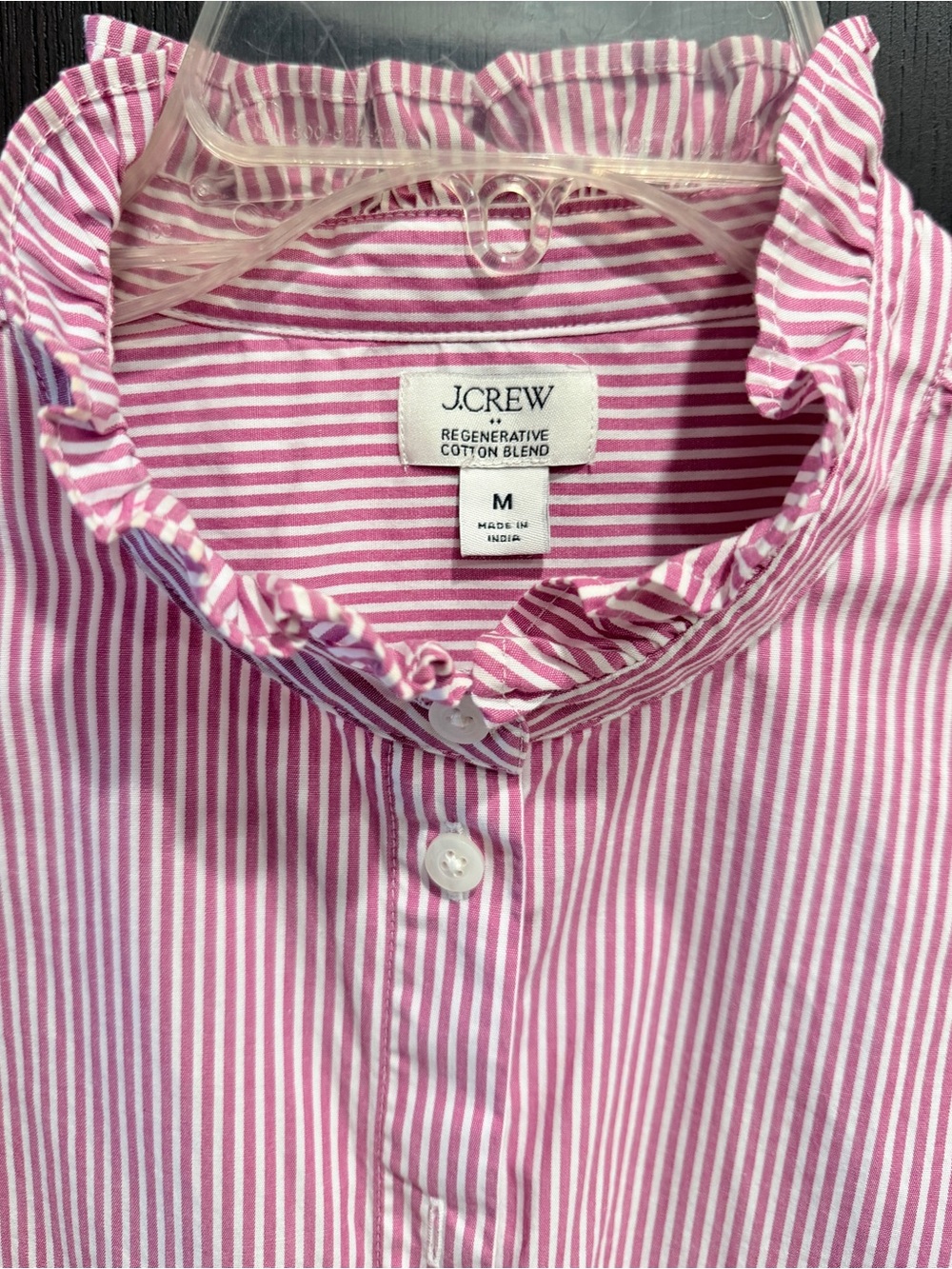 J. Crew Pink and White Striped Ruffle Collar Button-Down Shirt
